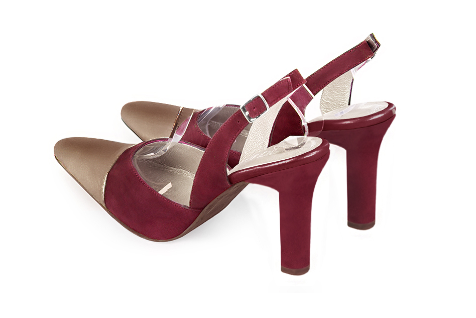 Women's copper and burgundy red elegant slingback heels. Tapered toe. High kitten heels - Rear view